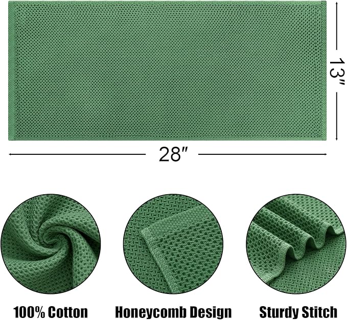 Kitinjoy 100% Cotton Waffle Weave Kitchen Hand Towels (13 X 28 Inches, Grass Green), 8-Pack Super Soft and Absorbent Dish Towel for Drying Dishes
