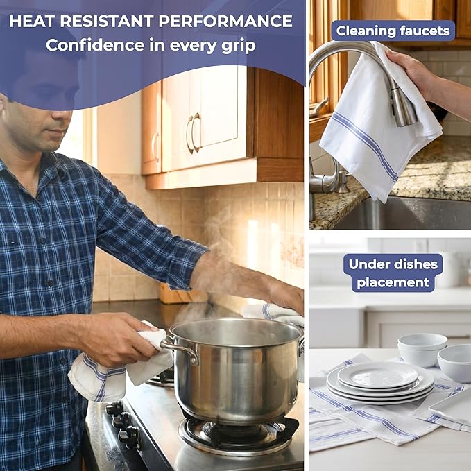 Bulk Kitchen Towels Cotton for Chefs in Commercial Restaurants - 15"X25" - 12 Pack - White Linen Tea Dish Towels - Lint Free Soft Absorbent Side Blue Striped Herringbone Weave Towles