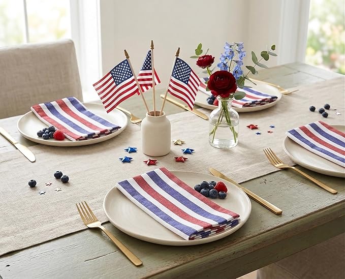 PurpleEssences 4th of July Plain Striped Cloth Napkins - Set of 12-100% Cotton - 18 x 18 Inch - Perfect Everyday Use Dinner Napkin - Red Blue White