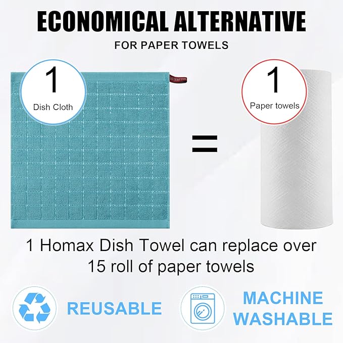 Homaxy 100% Cotton Terry Kitchen Dish Cloths, Ultra Soft and Absorbent Dish Towels for Kitchen, Suitable for Drying and Washing Dishes, 8 Pack, 12 x 12 Inches, Lake Blue