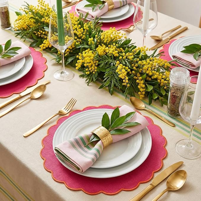 Set of 6 Round Placemats 15 Inch Cotton Scalloped Embroidery Placemat Washable Double Layered Rustic Dinner Table Mat Decor Fabric for Hotel Restaurant Kitchen(Hot Pink/Orange,Classic)