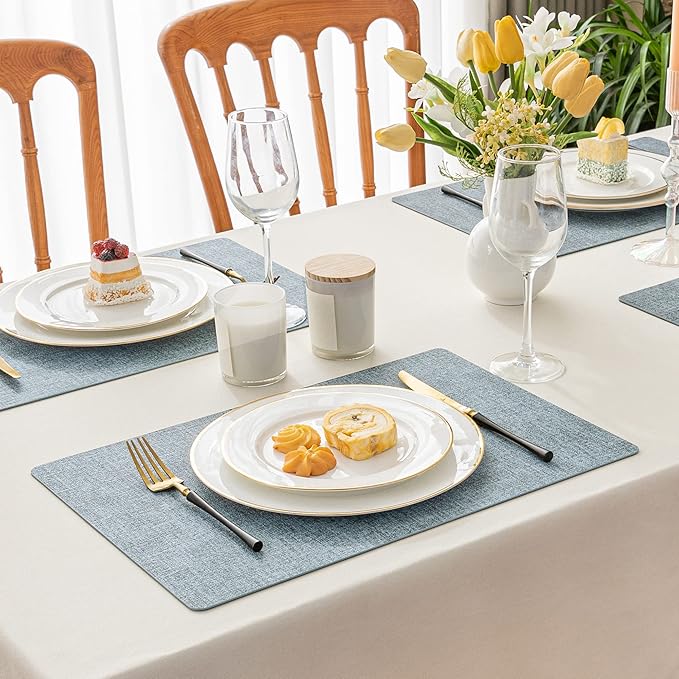 Romanstile Vinyl Placemats Set of 4-12 X 17 Inch - Faux Leather 100% Waterproof Oil-Proof Wipeable Place Mats, Heat Resistant Reversible PU Table Mats for Kitchen Dining Party Outdoor, Sky Blue