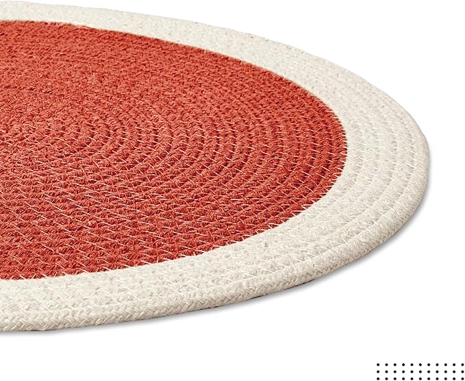 Encasa XO Dining Placemats Set of 6 | Cotton Round Table Mat - 13 in Diameter | Coral & Off White | Handmade Rib Style Chargers for Dinner Plates