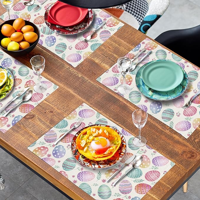 Easter Placemats Set of 4 Watercolor Colorful Eggs Floral Table Mats 12x18 Inch Spring Washable Heat Resistant Linen Fabric Place Mat for Indoor Outdoor Kitchen Dining Home