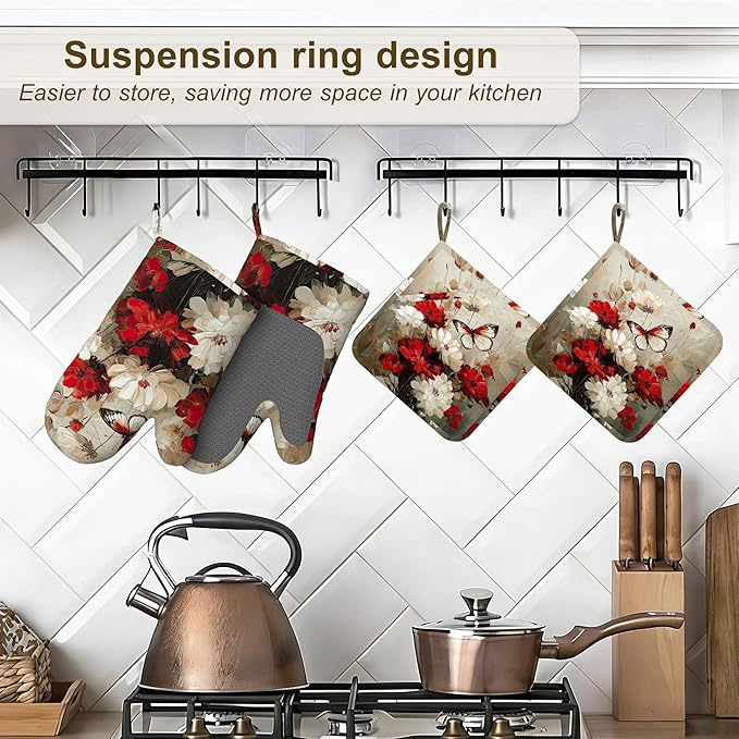 Oven Mitts and Pot Holders White Red Flower Silicone Kitchen Accessories Set of 4 Heat Resistant Gloves Butterfly Potholder Non-Slip Grip for Chef Cooking Baking Grilling BBQ