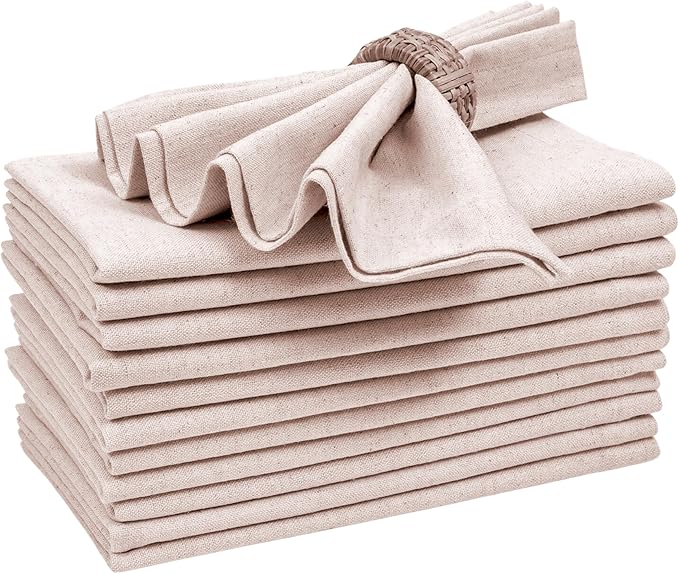 Linen Flax Cotton Cloth Dinner Napkins Set of 12 – 18x18 Natural Hemstitched Reusable Fabric Napkins for Weddings, Parties, Dinners & Table Décor – Elegant & Durable Bedding Craft