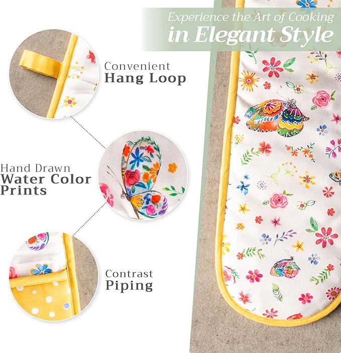 Maison d' Hermine Double Oven Mitts 100% Cotton 7"x35" Double Oven Mitt Heat Resistant BBQ Cooking Gloves with Loop Baking Grilling Gifts for Mothers Day Spring Summer (Happy Florals - Sweety)