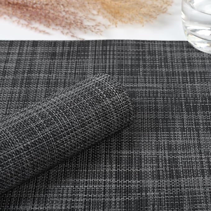 Myir JUN Placemats Set of 10, Vinyl Woven Placemats Place Mats Indoor Set of 10 Washable Table Mats Non-Slip Place mats for Dining Table (Dark Gray-Black)