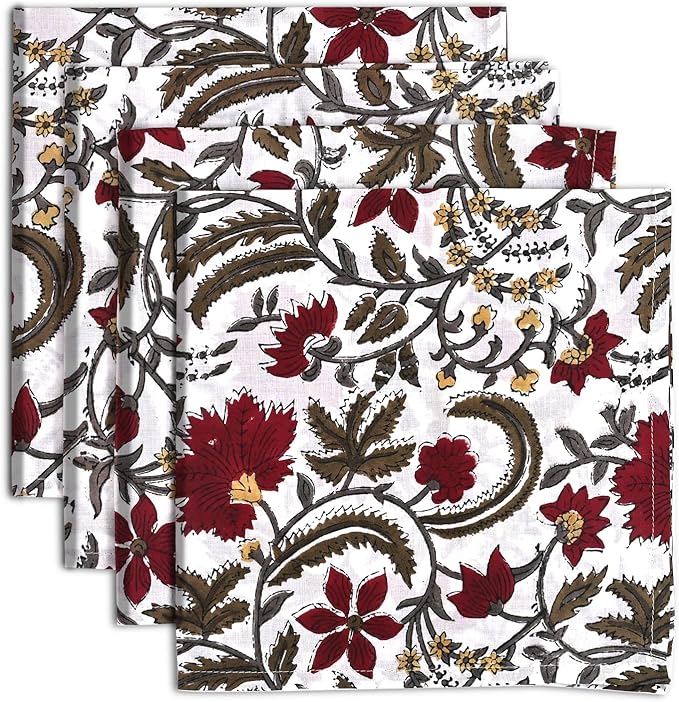 Ridhi Prune Red Hand Block Print 100% Cotton Napkins 18" x 18" (Set of 4) Reuseable Kitchen Napkins Cloth Decor Dinner Party Wedding Cocktail Gift for Spring, Easter