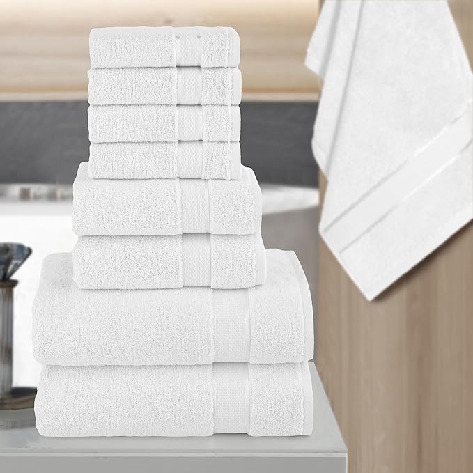Elegant Comfort Premium Cotton 8-Piece Towel Set, Includes 4 Washcloths, 2 Hand Towels and 2 Bath Towels, 100% Turkish Cotton - Highly Absorbent and Super Soft Towels for Bathroom, White