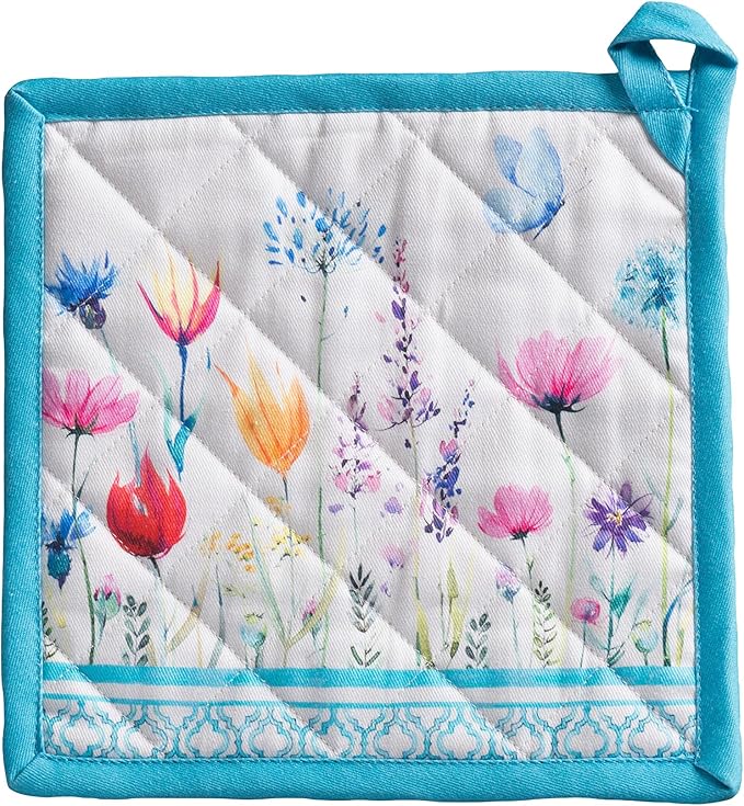 Maison d' Hermine Pot Holders 100% Cotton Heat Resistant Potholders 8" x 8" Hot Pads with Loop BBQ Baking Gifts for Mothers Day Handling Hot Pans Spring/Summer (Pack of 1, Flower in The Field)