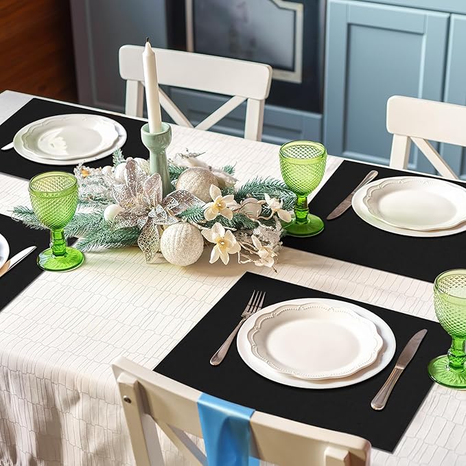 MANSPHIL Black Cloth Placemats Set of 4 Washable Thick Faux Linen Table Place Mats Heat Resistant Double Layer Fabric Wrinkle Free Dining Kitchen Table Decor - 13x19 Inch Oeko Tex Placemat