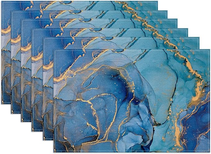 Blue Gold Marble Placemats Set of 6, Linen Place Mat Washable Stain Resistant Table Mats for Farmhouse Kitchen Dining Party Wedding Decor 12x18 Inch