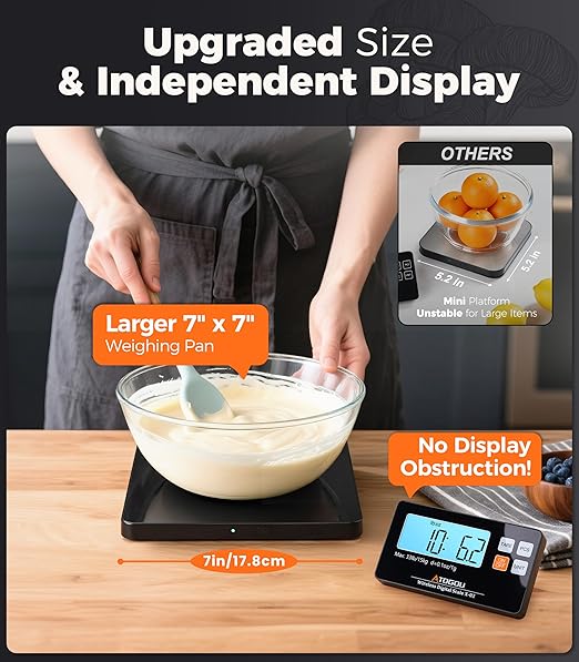 Atogou Upgraded Wireless Food Scale, 33lb/15kg Kitchen Scale with Detachable Display & Larger Platform, 0.1oz/1g, 9 Units, Counting Function, Stainless Steel, for Cooking, Baking, Shipping, Black