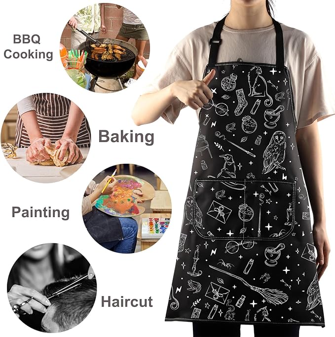WZMPA Magic Wizard Kitchen Apron With Pockets Spooky Witch Gift Gothic Magic Adjustable Apron For Cooking Baking Grilling