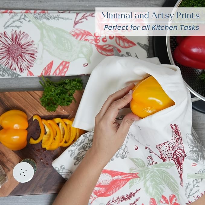 The Fine Living Co. 100% Cotton Kitchen Towels Set of 2, 18 x 28 inches, Hello Bird Printed Dish Towel, Hand Towels, Summet Kitchen Towels, Boho Tea Towels- Multifunctional, Stylish, Absorbent, Soft