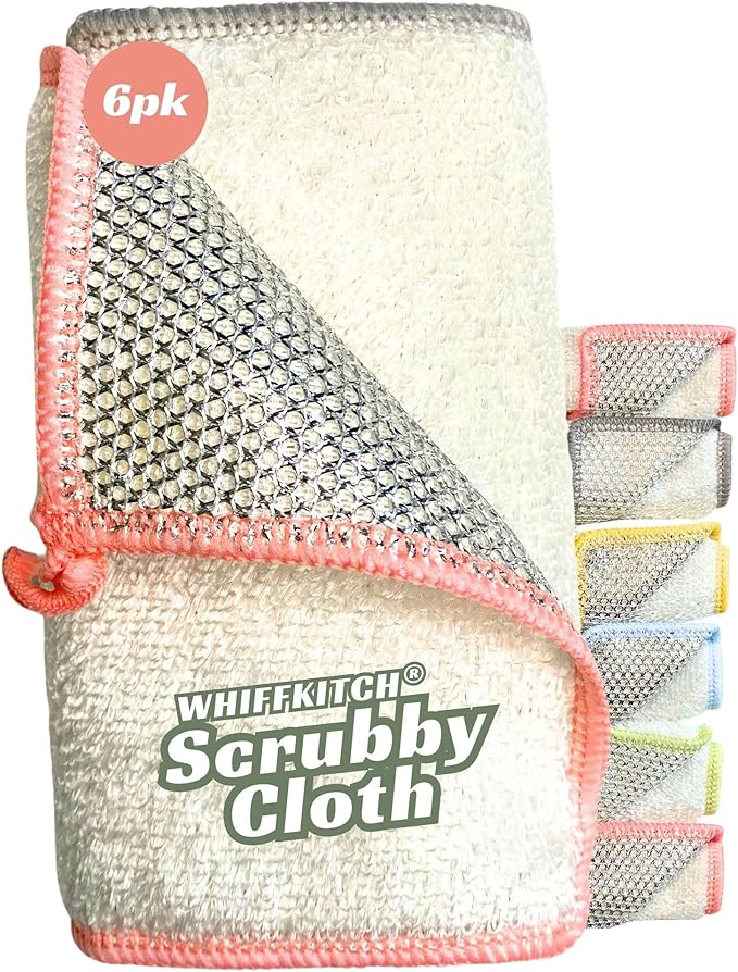Whiffkitch® Scrubby Cloth – 6-Pack, Dishcloths, Dishrags for Kitchen and Household Cleaning 6x7, 2-Sided, Non-Scratch, Bamboo-Rayon, Scrub Mesh, Quick Dry, Washable, Reusable