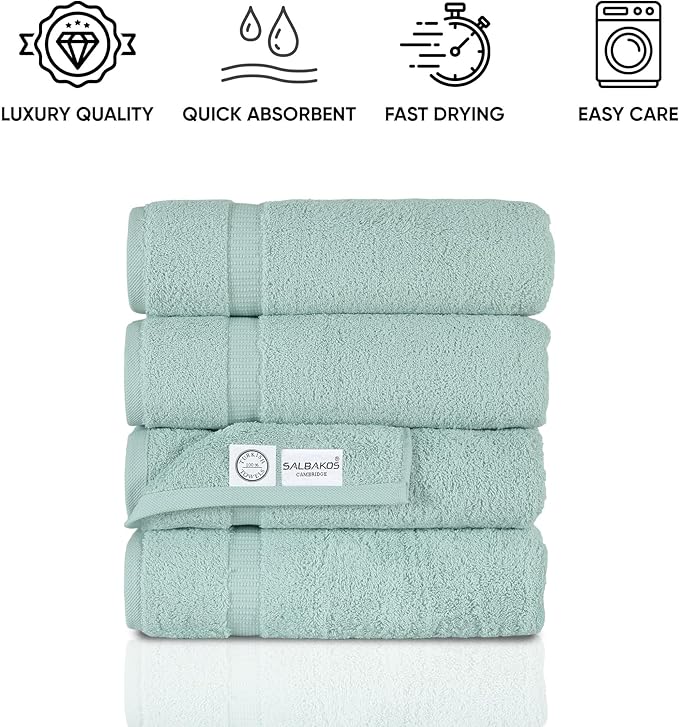 SALBAKOS 100% Turkish Cotton Bath Towels | 4 Piece Turkish Bath Towels 27x54 in Standard Size | Premium Hotel Quality, Super Absorbent, Thick & Plush Turkish Bath Towel (Seafoam Green, 4 Bath Towels)