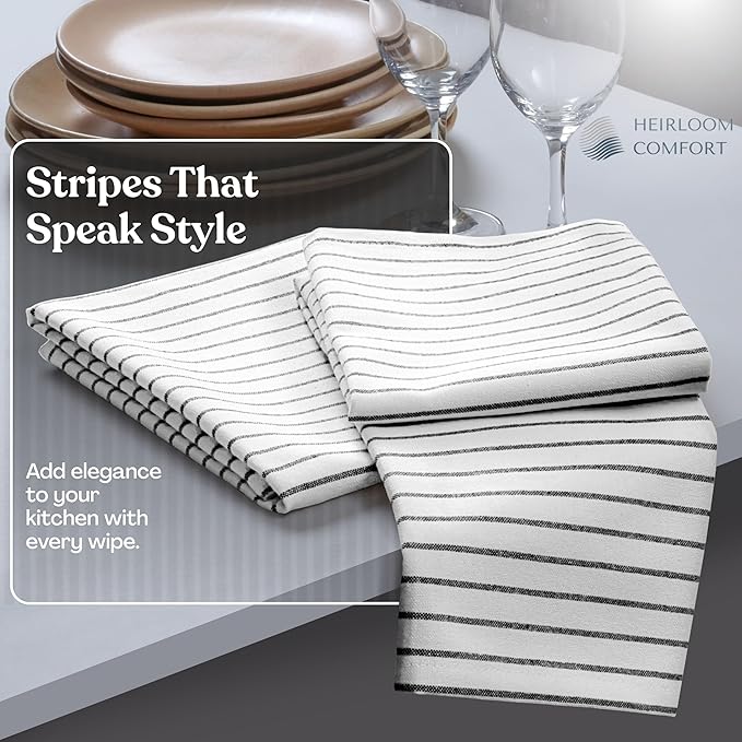 Multi Colors Kitchen Towels 12 Pack, 100% Cotton, Classic Striped Towel Set, Super Absorbent & Durable Dish Cloths, Quick Drying Fabric for Drying Dishes - Beige, Rust, Black