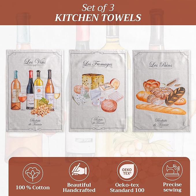 Maison d' Hermine Kitchen Towels Set of 3 100% Cotton 27.50" x 20" Reusable Cloth Tea Dish Towels Absorbent with Hanging Loop for Kitchen Gifts for Mothers Day Spring/Summer (Terroir)