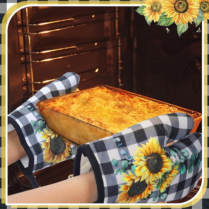 Leinuosen 8 Pcs Sunflower Checkered Kitchen Towels and Dishcloths Sets Oven Mitts and Pot Holders Sets Absorbent Kitchen Gloves Potholders Heat Resistant for Chef Baking Cooking