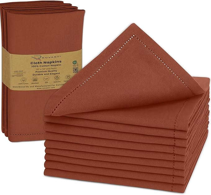 Ruvanti Cloth Napkins Set of 12, 100% Cotton High GSM 18x18 Inches, Hem Stitched Corners, Soft, Washable, Highly Durable & Absorbent, Perfect for Parties, Christmas, Thanksgiving Dinners – Rust