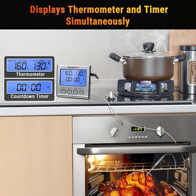 TempPro TP17 Dual Probe Digital Cooking Meat Thermometer Large LCD Backlight Food Grill Thermometer with Timer Mode for Smoker Kitchen Oven BBQ, Silver (Previously ThermoPro)