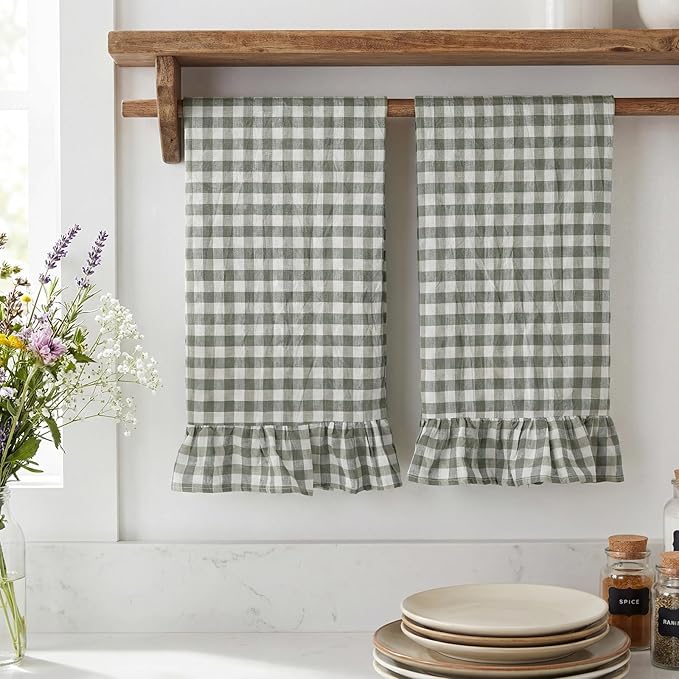 HunnmingRe Sage Green Kitchen Towels Set of 2, 100% Cotton Ruffled Gingham Dish Towels 18"x28" Absorbent Tea Cloths Classic Plaid Pattern for Farmhouse Charm, Drying Dishes, Entertaining Guests