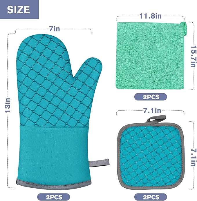 6 Pcs Oven Mitts and Pot Holders, 500℉ Heat Resistant Oven Mitts with Kitchen Towels Soft Cotton Lining and Non-Slip Silicone Surface Safe for Baking, Cooking, BBQ (Lake Blue)