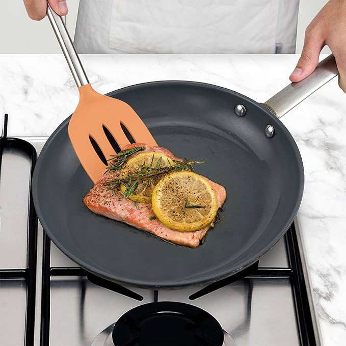 Tovolo Slotted Silicone Spatula Turner Slotted Stainless Steel Handle 10" Apricot Orange Heat Resistant Non Toxic BPA Free Kitchen Utensil, Silicone Pancake Flipper Metal Handle Turner for Cooking