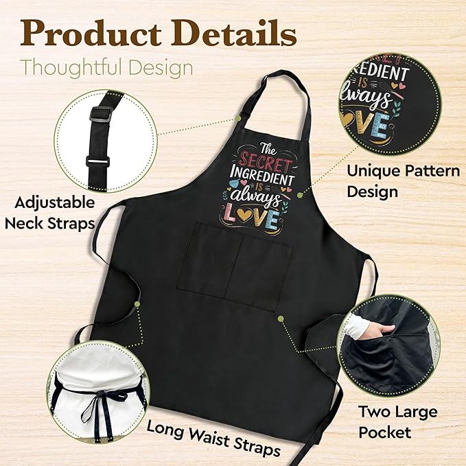 Baking Apron for Women Funny Cooking Apron, The Secret Ingredient Is Always Love Apron, Gift for Mom Wife Grandma, Kitchen Apron with 2 Pockets Adjustable,Kitchen Gift for Mother's Day, Birthday