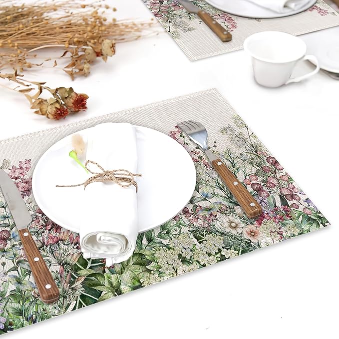 Placemats Set of 6,Wildflower Linen Table Mats Spring Floral Butterfly Heat Resistant Place Mats Washable Dining Table Mats for Indoor Outdoor Kitchen Decor Easy Clean 12 x 18 Inch