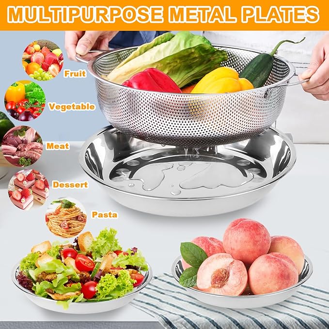 Colander Stainless Steel, 7 Piece Strainers and Colanders Set, Mesh Strainer Net Baskets with Handles, 2 Stainless Steel Plates and Fine Mesh Strainer for Kitchen Food Strain Drain Rinse Cooking