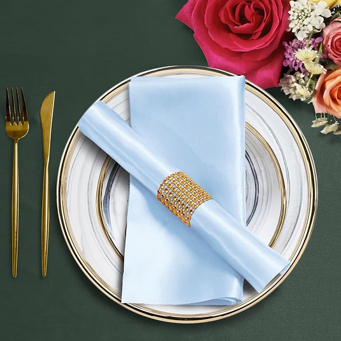 100 Pack Light Blue Satin Napkins and Napkin Rings Set, 12 x 12 Inch Silky Soft Cloth Napkins Set of 50, Square Satin Dinner Table Napkins Bulk for Wedding Banquet Graduation Party Decoration