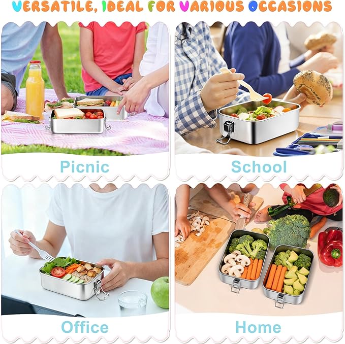 TeamFar Stainless Steel Bento Box, 2 Pack 28oz/850ml Metal Lunch Box with 3 Compartments for Adults Kids, Small Lunch Food Containers for School/Work/Meal Prep, Leak-Proof & Dishwasher Safe