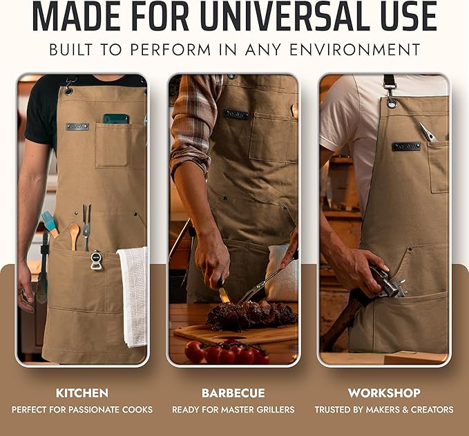 Asaya Chef and BBQ Apron with Bottle Opener and Hand Towel - 10oz Cotton Canvas, Stainless Steel Hardware - Cross Back Straps