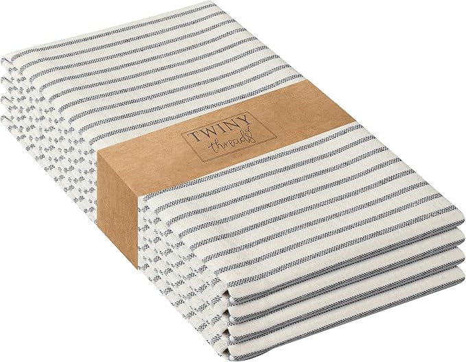 TWINY threads Set of 4 Vintage Stripe Kitchen Towels (18x26 Inches) Premium Tea Towels with Hanging Loop, Highly Absorbent 100% Cotton Bulk Kitchen Hand Towels for Drying Cleaning - Black