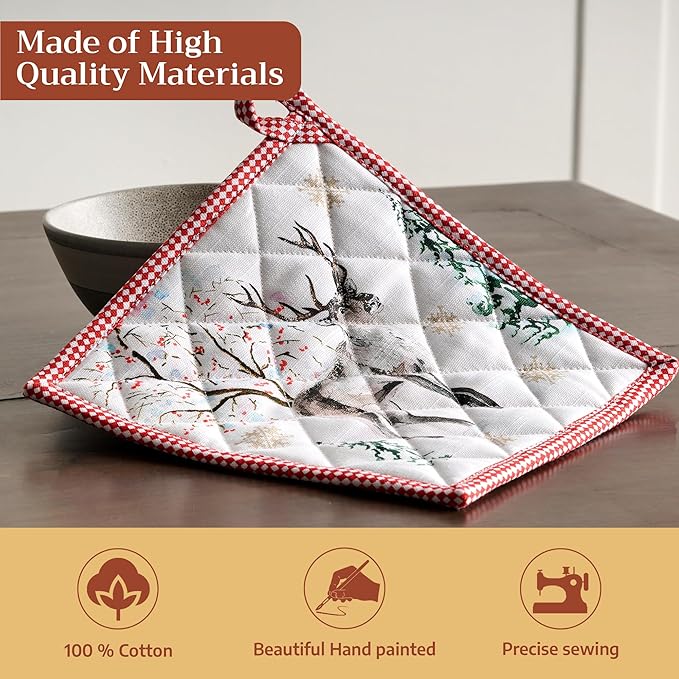 Maison d' Hermine Pot Holders 100% Cotton Heat Resistant Potholders 8" x 8" Hot Pads with Loop for Thanksgiving Christmas Decorations BBQ Cooking Baking Handling Hot Pans (Pack of 1, Rural Christmas)