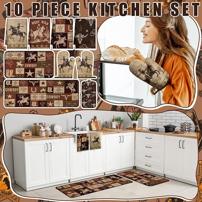 Fourluoo 10 Pcs Western Cowboy Kitchen Decor Brown Oven Mitts and Pot Holders Kit Western Cowboy Kitchen Accessories Vintage Dish Towels Farmhouse Rugs Mats for Home Cooking Baking Housewarming Gifts