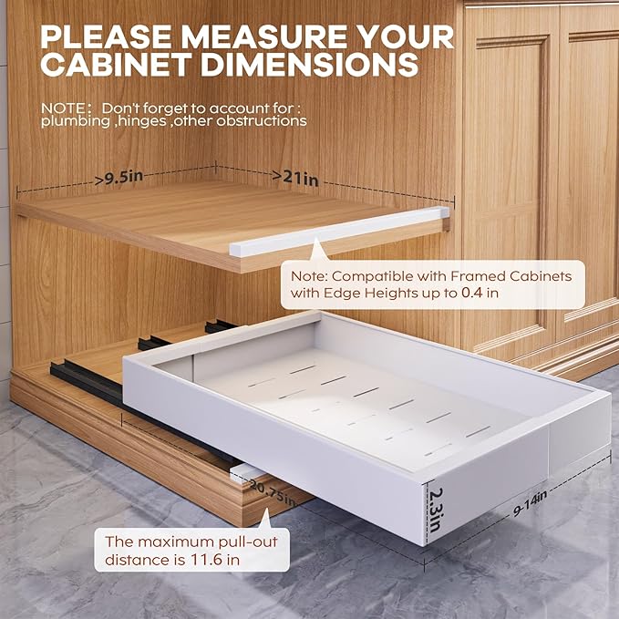 Seinloes 4 Pack Expandable (9"-14") Pull Out Cabinet Organizer 21" Deep With Raising Pad for Framed Cabinets,Upgrade 3 Slide Rails Slide Out Drawers,No Drill Roll Out Shelves Adhesive,White