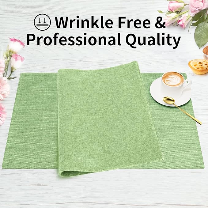 Cloth Placemats, Set of 6 Heat-Resistant Cotton Linen Blend Double Layered Machine Washable Place Mats, Wrinkle Free Thick Fabric Dining Table Mats for Indoors & Outdoors (Grass Green, 6)