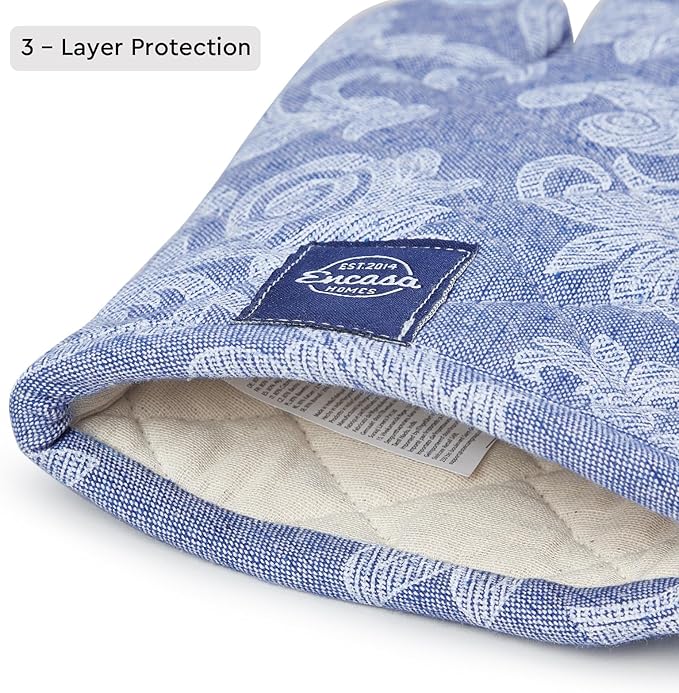 Encasa XO Oven Gloves Heat Resistant | Microwave Cooking Mittens for Baking & Kitchen Use | 12x7 in | Cotton Utensil Holder - Chambray Fabric (Pack of 2, Blue)