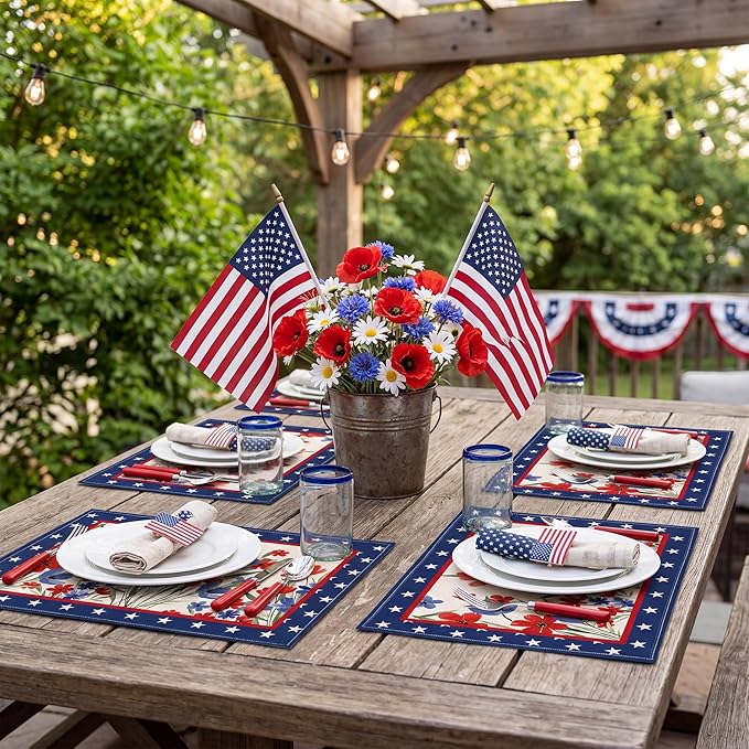 Patriotic Red White Blue Floral Placemats, USA 250th Anniversary 1776-2026 Independence Day Placemats, Watercolor Floral Patriotic Table Mats for 4th of July Memorial Day Party Decor, Set of 4
