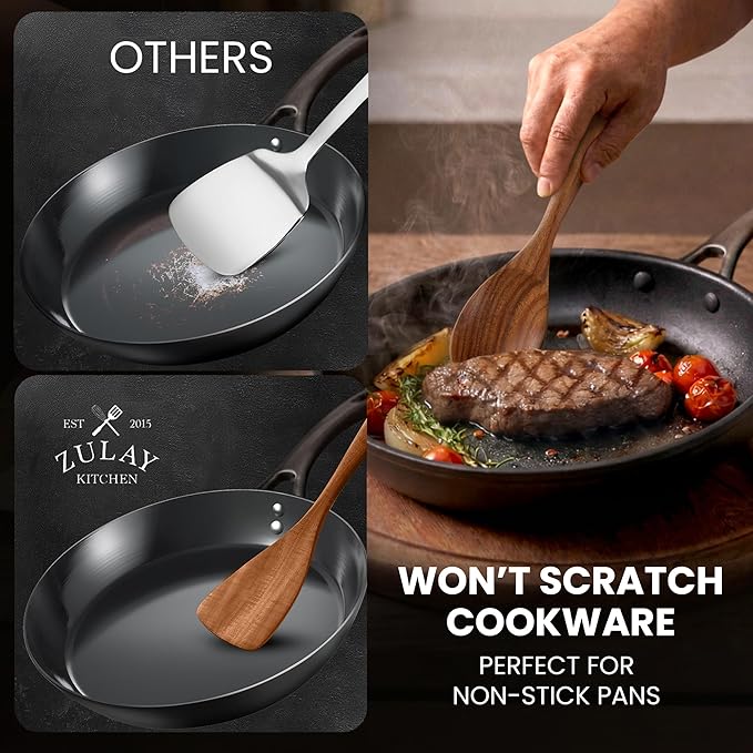 Zulay Kitchen Premium 8-Piece Wooden Spoons - Smooth Finish, Natural Teak Wood, Non-Stick, Handmade