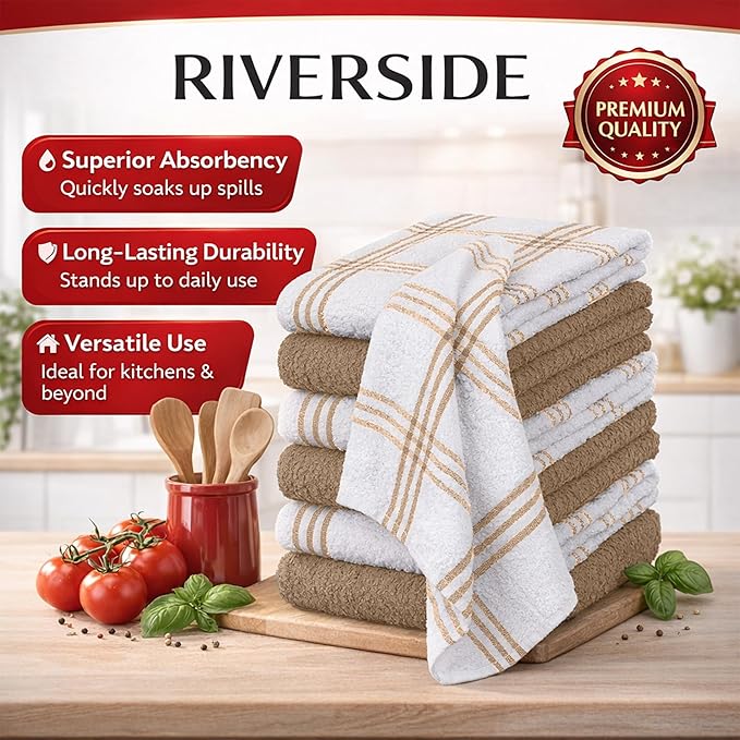 RIVERSIDE Pack of 12 Premium Kitchen Towels 16 x 26 Inches, 100% Cotton Kitchen Hand Towels, Super Soft and Highly Absorbent Dish Towels for Kitchen (Tan)