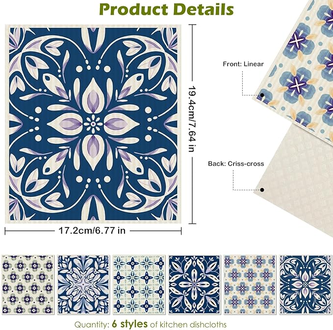6 Packs Swedish Paper Cloths for Kitchen, Reusable Paper Towels Washable Dish Rags, Highly Absorbent Kitchen Towels Quick Drying Swedish Sponge Cleaning Dish Cloths (Blue Ornamentation)