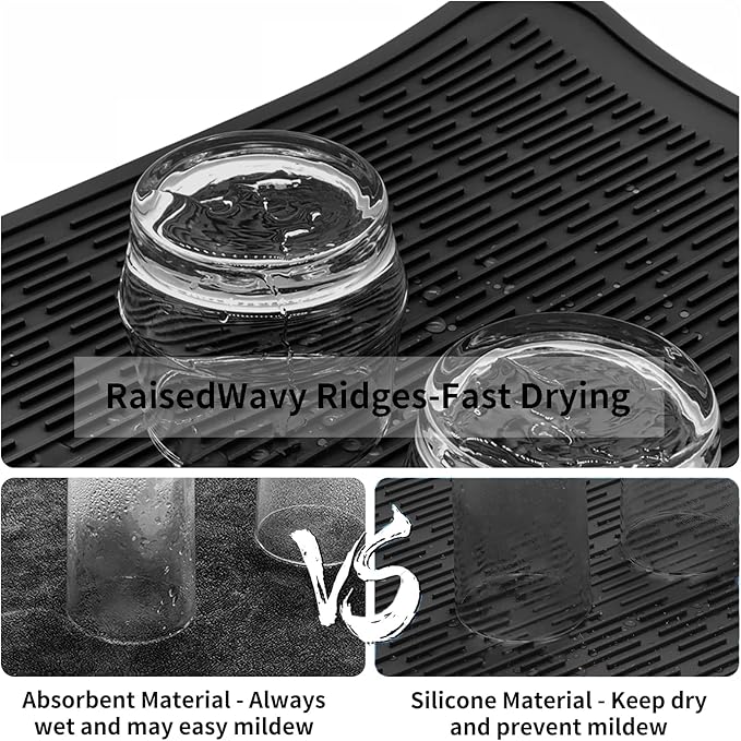 ZLR Large Silicone Dish Drying Mat (16" x 18") - XL Heavy Duty Drainboard Mat for Pots, Pans & Family Loads - Heat Resistant Trivet & Counter Protector, Easy Clean (Black)