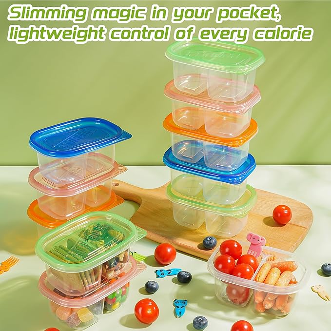 ALFEVA 20Pcs Reusable Snack Containers with Lids Portion Control, Meal Prep Containers for Kids Adults, 10 Forks, Double Compartment Snack Containers for Travel - Camping Essentials (4 Color)