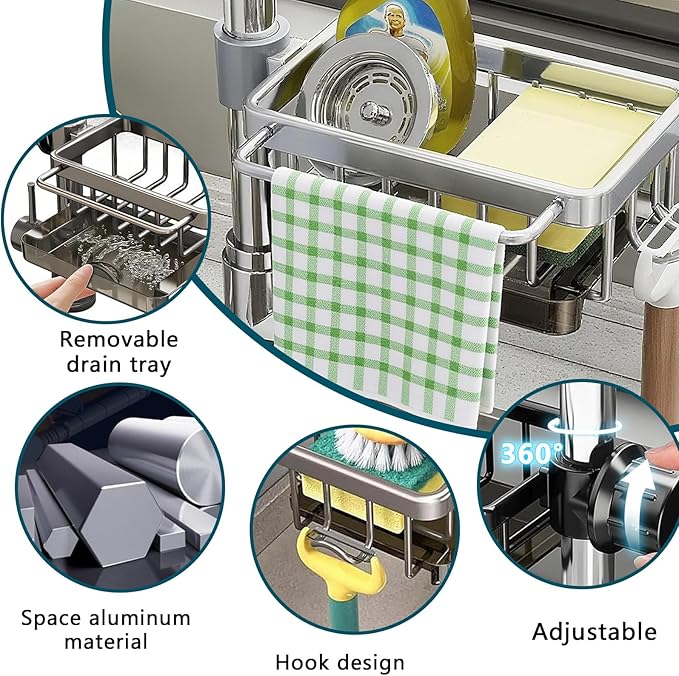 Kitchen Sink Faucet Organizer,Sponge Holder Caddy Rack Multifunction Shelf for Soap,Dish Accessories, Adjustable for 0.7-1.1 Inch Round Water Pipe (Either Side Silver)