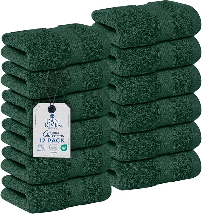 DAN RIVER 12-Pack Premium 100% Cotton Huntergreen Face Towels for Bathroom - Reusable Face Wash Cloths for Showering 12x12 Inches - 550 GSM Super Soft & Absorbent Luxury WashCloths for Body, Spa & Gym